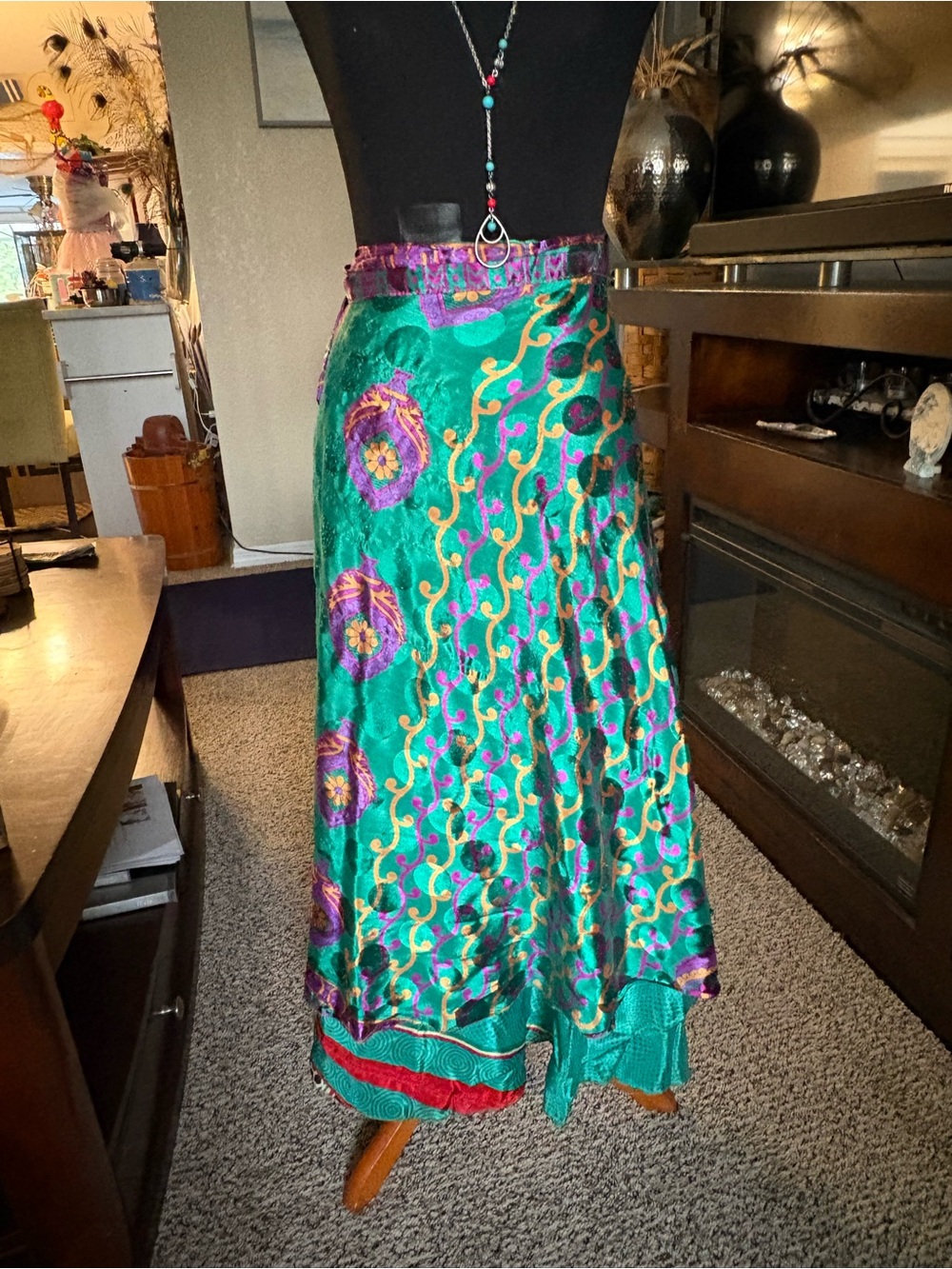 Emerald Green Floral sari silk Skirt
